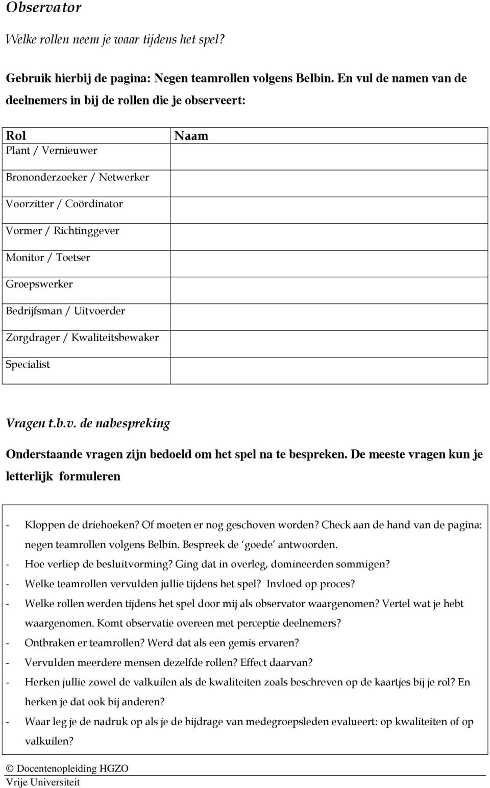 Groepswerker Bedrijfsman / Uitvoerder Zorgdrager / Kwaliteitsbewaker Specialist Vragen t.b.v. de nabespreking Onderstaande vragen zijn bedoeld om het spel na te bespreken.