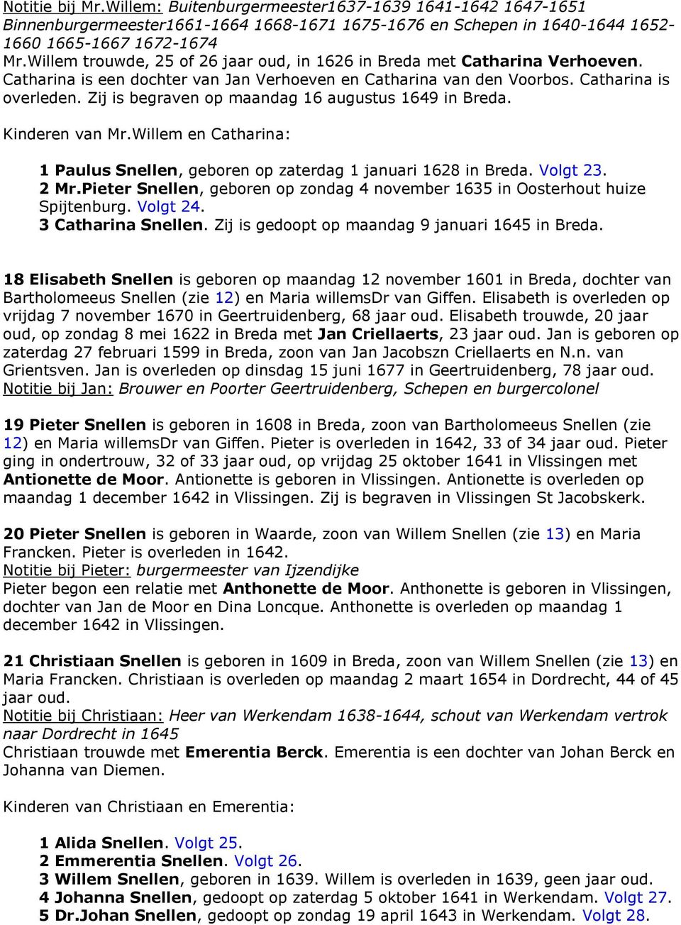 Zij is begraven op maandag 16 augustus 1649 in Breda. Kinderen van Mr.Willem en Catharina: 1 Paulus Snellen, geboren op zaterdag 1 januari 1628 in Breda. Volgt 23. 2 Mr.