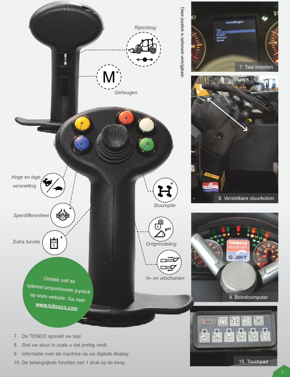 joystick op onze website. Ga naar 9. Boordcomputer www.tobroco.com 7. De TENDO spreekt uw taal. 8.