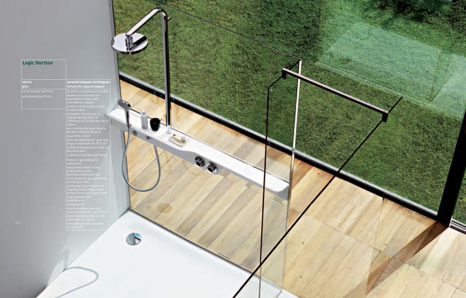robinetterie intégrée profilé mural en aluminium anodisé silver activation, thermostat et réglage du flux d'eau à l'extérieur et à l'intérieur de la cabine barre de douche avec douche de tête à effet