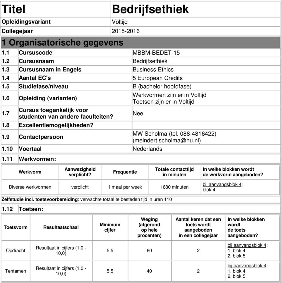10 Voertaal Nederlands 1.11 Werkvormen: MW Scholma (tel. 088-4816422) (meindert.scholma@hu.nl) Werkvorm Aanwezigheid verplicht?