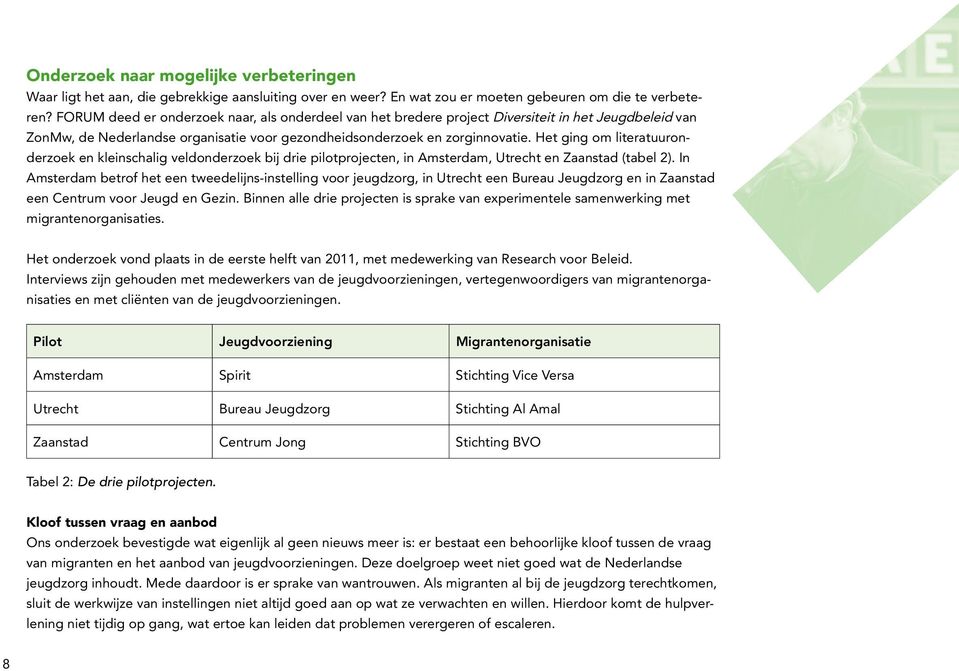 Het ging om literatuuronderzoek en kleinschalig veldonderzoek bij drie pilotprojecten, in Amsterdam, Utrecht en Zaanstad (tabel 2).