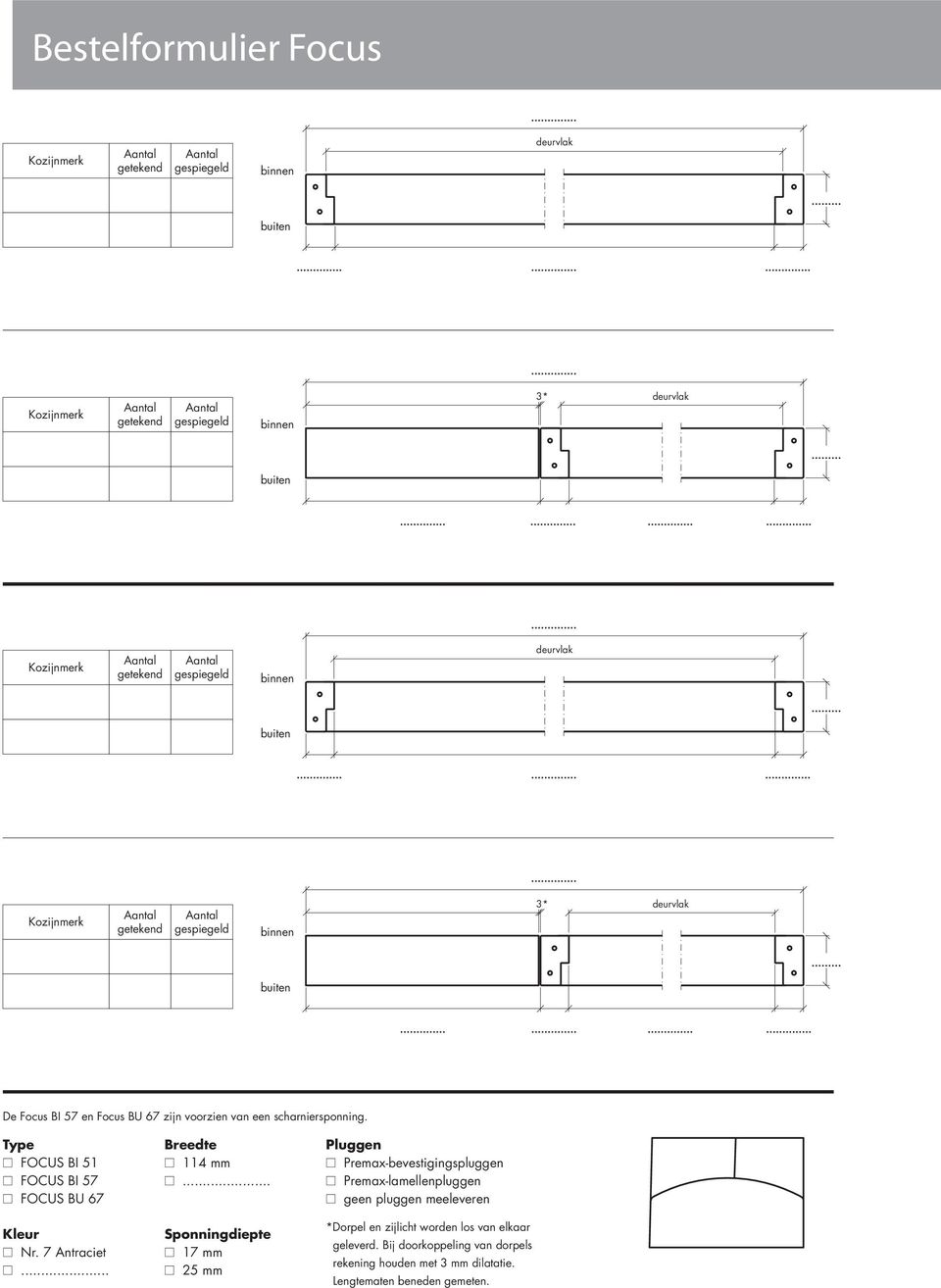Type n FOCUS BI 51 n FOCUS BI 57 n FOCUS BU Breedte n mm Sponningdiepte n 17 mm n 5 mm