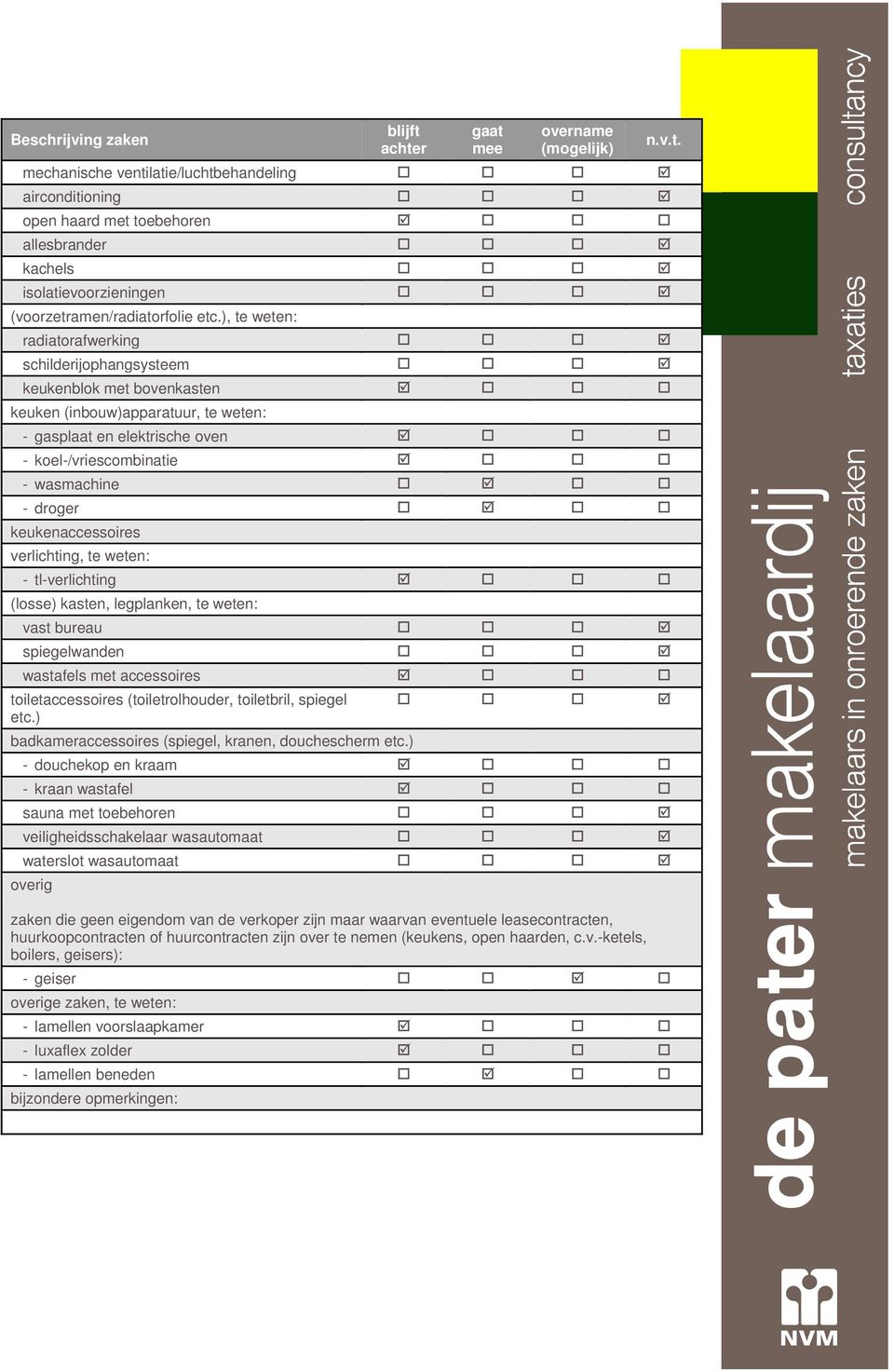 ), te weten: radiatorafwerking schilderijophangsysteem keukenblok met bovenkasten keuken (inbouw)apparatuur, te weten: - gasplaat en elektrische oven - koel-/vriescombinatie - wasmachine - droger