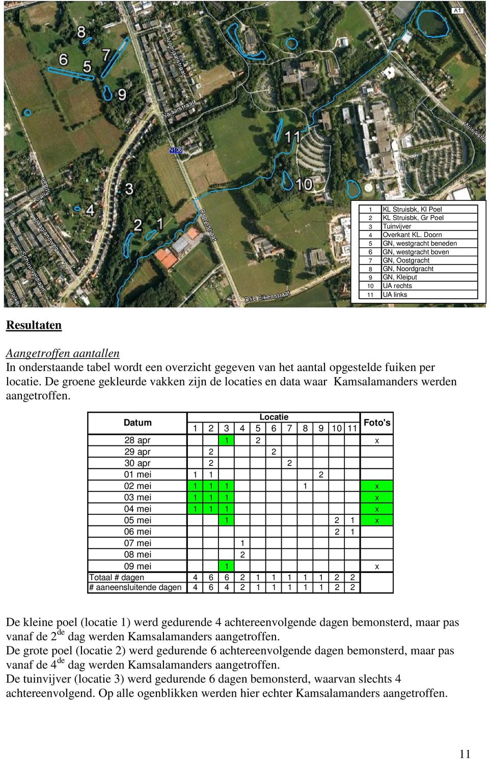 overzicht gegeven van het aantal opgestelde fuiken per locatie. De groene gekleurde vakken zijn de locaties en data waar Kamsalamanders werden aangetroffen.