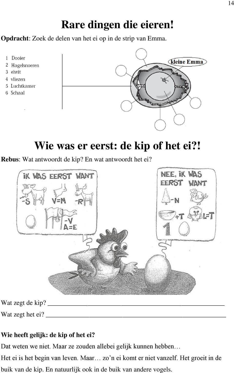 Wat zegt het ei? Wie heeft gelijk: de kip of het ei? Dat weten we niet.