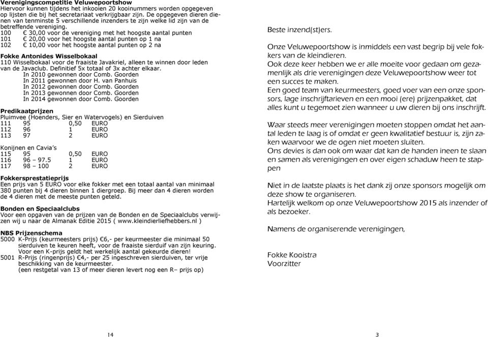 100 30,00 voor de vereniging met het hoogste aantal punten 101 20,00 voor het hoogste aantal punten op 1 na 102 10,00 voor het hoogste aantal punten op 2 na Fokke Antonides Wisselbokaal 110