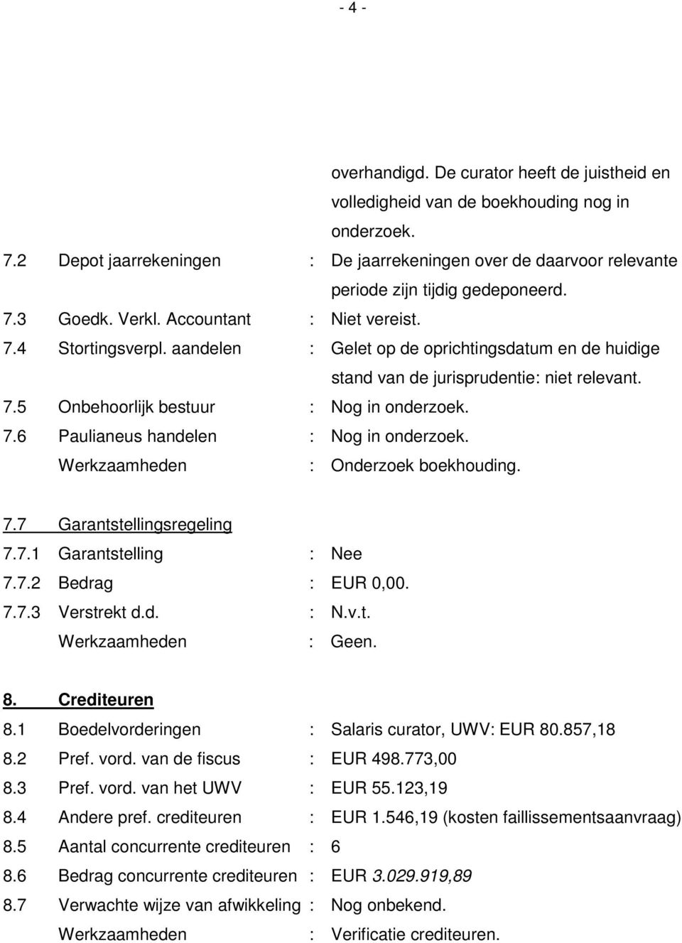 aandelen : Gelet op de oprichtingsdatum en de huidige stand van de jurisprudentie: niet relevant. 7.5 Onbehoorlijk bestuur : Nog in onderzoek. 7.6 Paulianeus handelen : Nog in onderzoek.