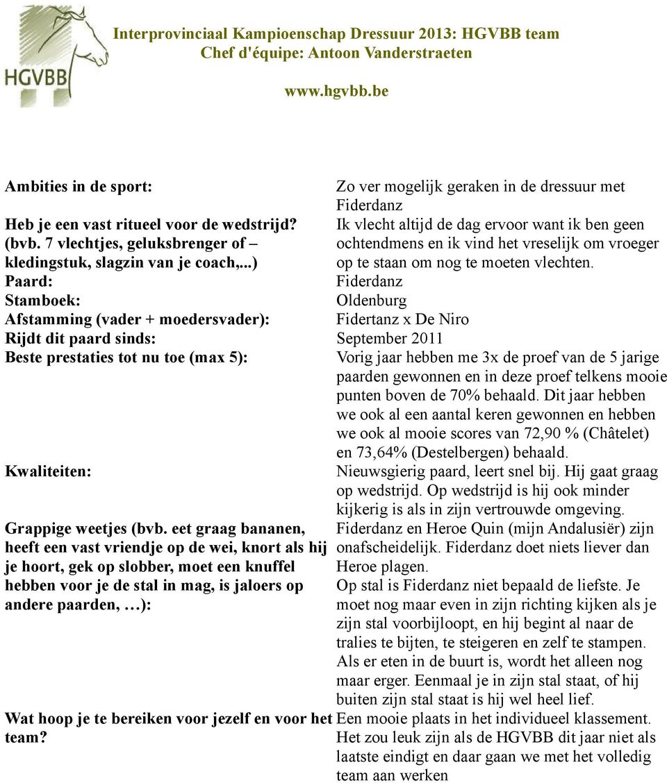 Paard: Fiderdanz Stamboek: Oldenburg Afstamming (vader + moedersvader): Fidertanz x De Niro Rijdt dit paard sinds: September 2011 Beste prestaties tot nu toe (max 5): Vorig jaar hebben me 3x de proef