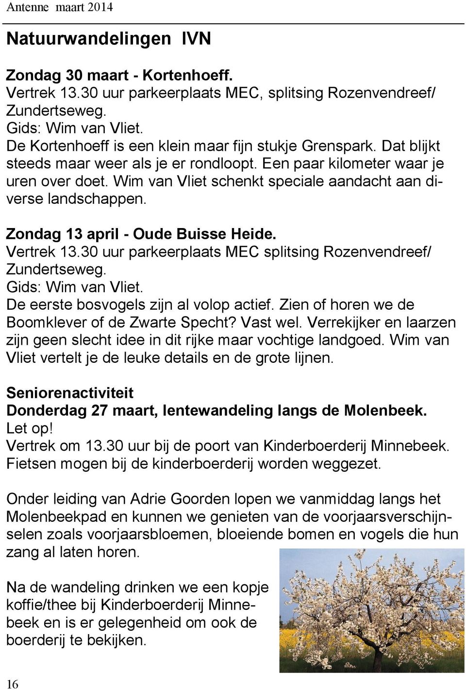 Wim van Vliet schenkt speciale aandacht aan diverse landschappen. Zondag 13 april - Oude Buisse Heide. Vertrek 13.30 uur parkeerplaats MEC splitsing Rozenvendreef/ Zundertseweg. Gids: Wim van Vliet.