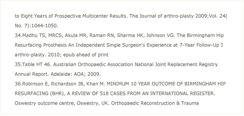The Birmingham Hip Resurfacing Prosthesis An Independent Single Surgeon's Experience at 7-Year Follow-Up J arthro-plasty. 2010; epub ahead of print 35.Table HT 46.