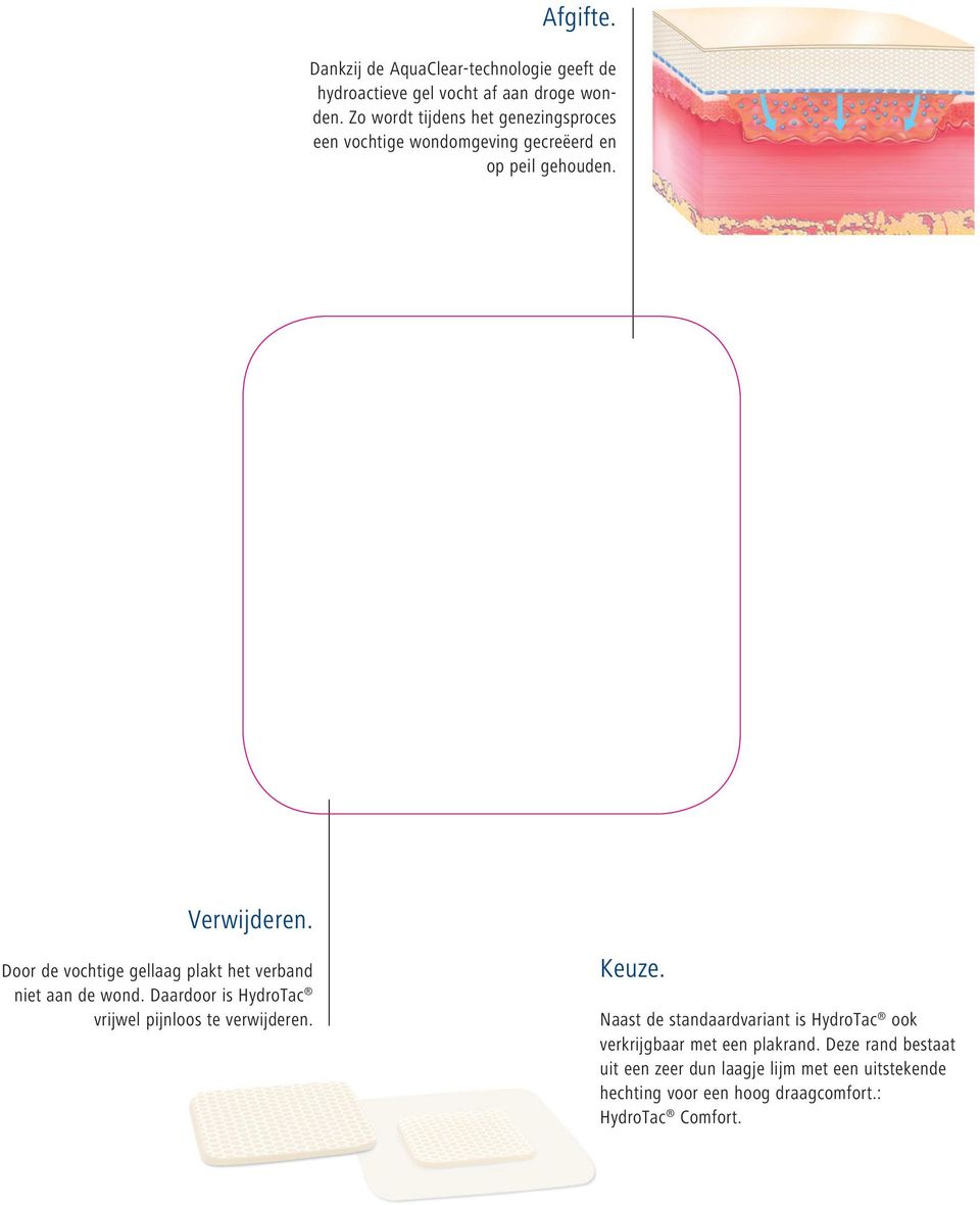 Door de vochtige gellaag plakt het verband niet aan de wond. Daardoor is HydroTac vrijwel pijnloos te verwijderen. Keuze.
