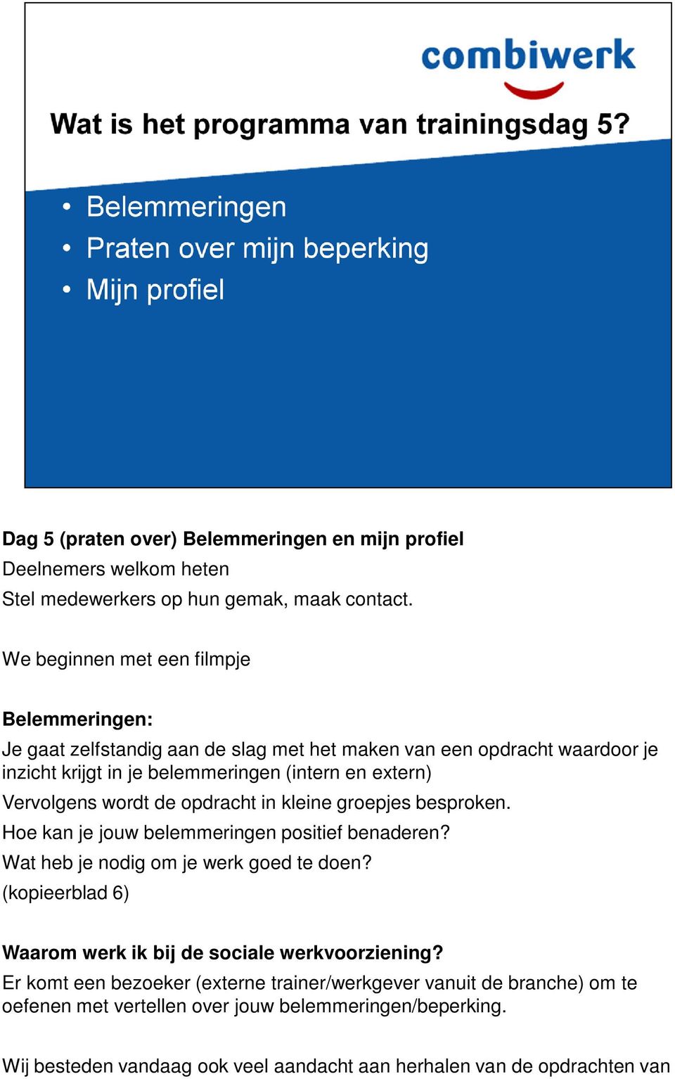 Hoe kan je jouw belemmeringen positief benaderen? Wat heb je nodig om je werk goed te doen? (kopieerblad 6) Waarom werk ik bij de sociale werkvoorziening?