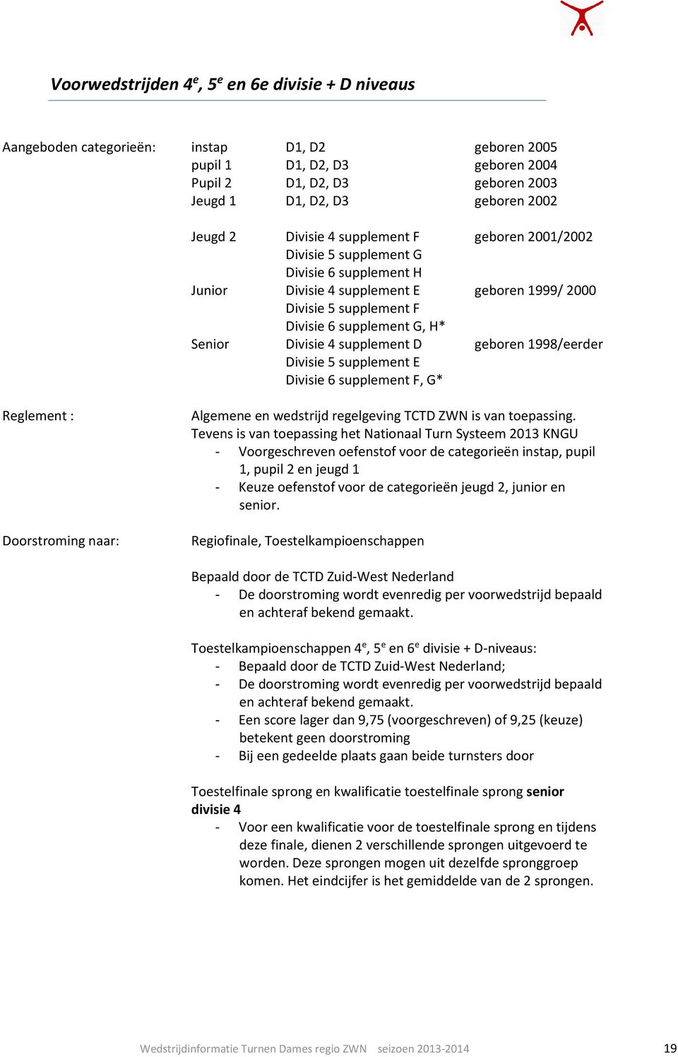 Senior Divisie 4 supplement D geboren 1998/eerder Divisie 5 supplement E Divisie 6 supplement F, G* Reglement : Doorstroming naar: Algemene en wedstrijd regelgeving TCTD ZWN is van toepassing.