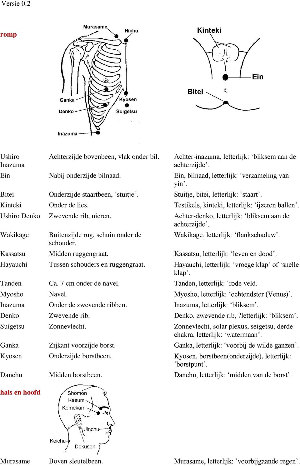 Achter-denko, letterlijk: bliksem aan de achterzijde. Wakikage Buitenzijde rug, schuin onder de schouder. Wakikage, letterlijk: flankschaduw. Kassatsu Midden ruggengraat.