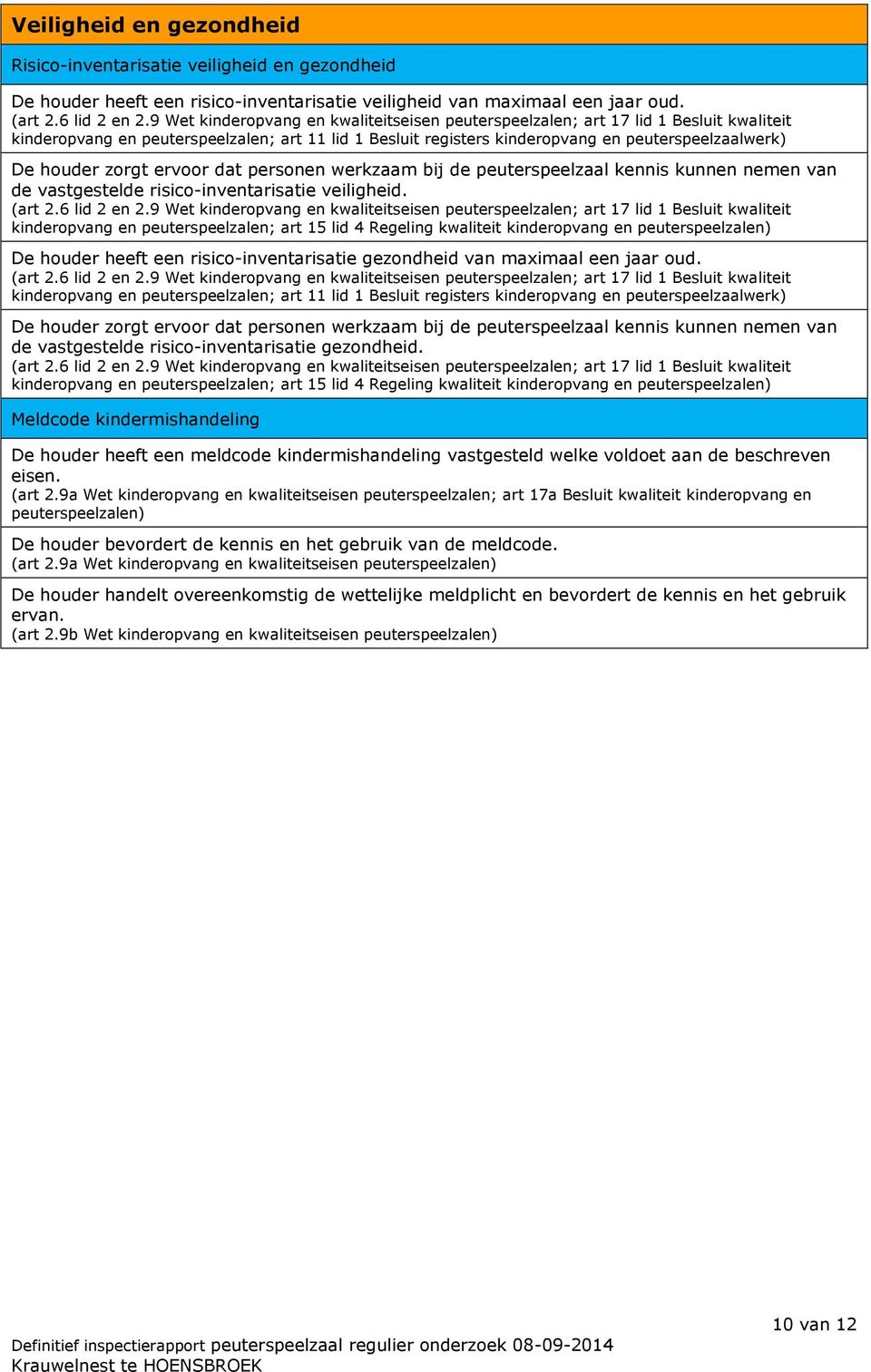 zorgt ervoor dat personen werkzaam bij de peuterspeelzaal kennis kunnen nemen van de vastgestelde risico-inventarisatie veiligheid. (art 2.6 lid 2 en 2.