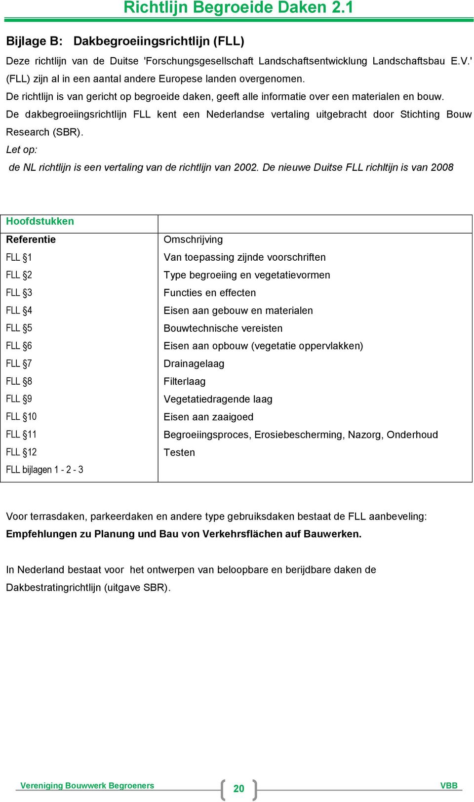 De dakbegroeiingsrichtlijn FLL kent een Nederlandse vertaling uitgebracht door Stichting Bouw Research (SBR). Let op: de NL richtlijn is een vertaling van de richtlijn van 2002.