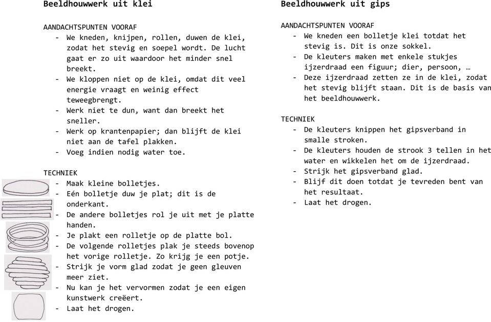 - Werk op krantenpapier; dan blijft de klei niet aan de tafel plakken. - Voeg indien nodig water toe. TECHNIEK - Maak kleine bolletjes. - Eén bolletje duw je plat; dit is de onderkant.