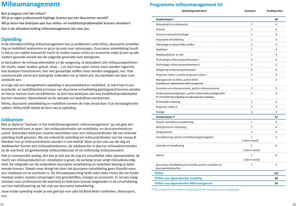 Opleiding In de afstudeerrichting milieumanagement leer je problemen rond milieu, duurzame ontwikkeling en mobiliteit analyseren en ga je op zoek naar oplossingen.