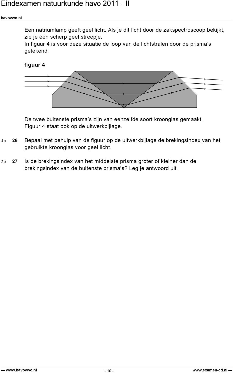 figuur 4 De twee buitenste prisma s zijn van eenzelfde soort kroonglas gemaakt. Figuur 4 staat ook op de uitwerkbijlage.