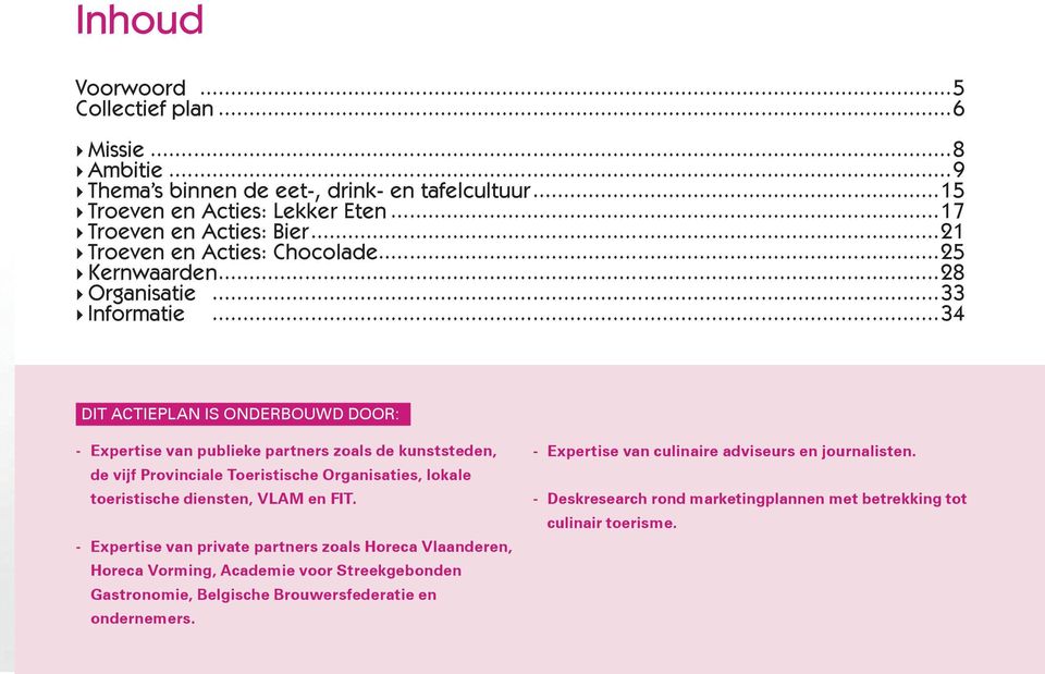 ..34 DIT ACTIEPLAN IS ONDERBOUWD DOOR: - Expertise van publieke partners zoals de kunststeden, de vijf Provinciale Toeristische Organisaties, lokale toeristische diensten, VLAM en FIT.