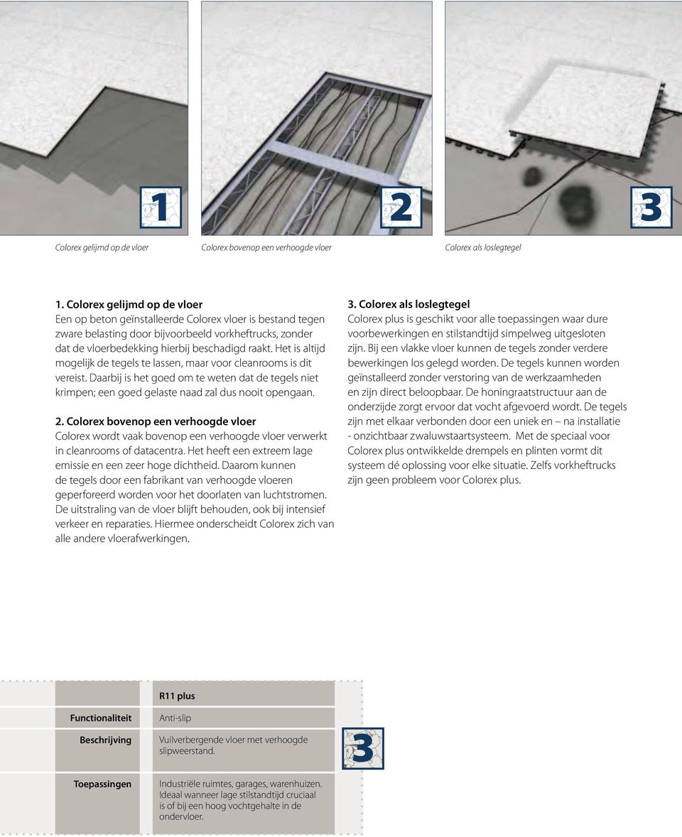 Daarbij is het goed om te weten dat de tegels niet krimpen; een goed gelaste naad zal dus nooit opengaan. Colorex wordt vaak bovenop een verhoogde vloer verwerkt in cleanrooms of datacentra.