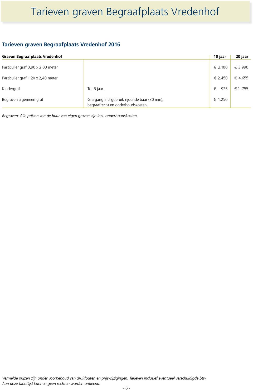 450 4.655 Kindergraf Tot 6 jaar. 925 1.755 Begraven algemeen graf Grafgang incl gebruik rijdende baar (30 min), 1.