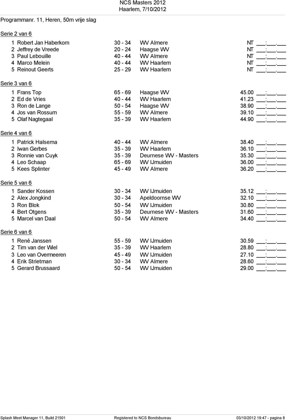 3 Ron de Lange 0-4 Haagse WV 38.90 :. 4 Jos van Rossum - 9 WV Almere 39.0 :. Olaf Nagtegaal 3-39 WV Haarlem 44.90 :. Serie 4 van 6 Patrick Halsema 40-44 WV Almere 38.40 :.