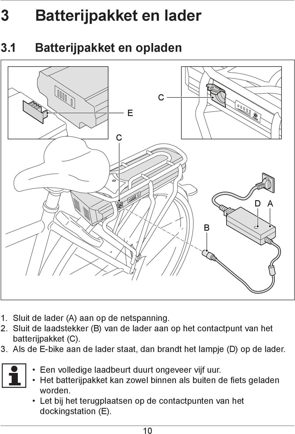 Als de E-bike aan de lader staat, dan brandt het lampje (D) op de lader.