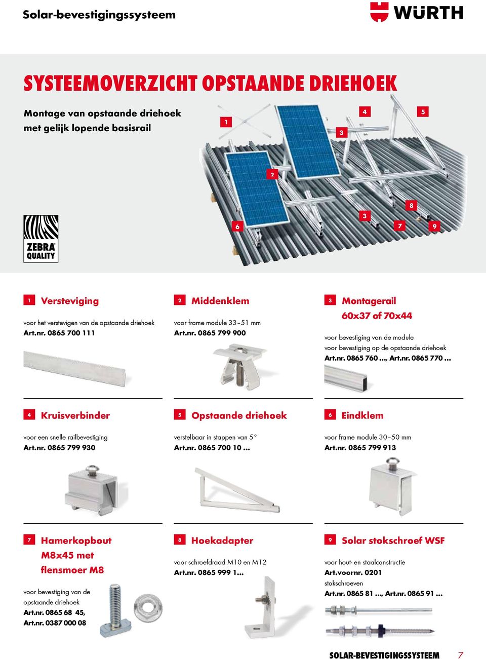 nr. 0865 770 4 Kruisverbinder 5 Opstaande driehoek 6 Eindklem voor een snelle railbevestiging Art.nr. 0865 799 930 verstelbaar in stappen van 5 Art.nr. 0865 700 10 voor frame module 30 50 Art.nr. 0865 799 913 7 Hamerkopbout M8x45 met flensmoer M8 voor bevestiging van de opstaande driehoek Art.