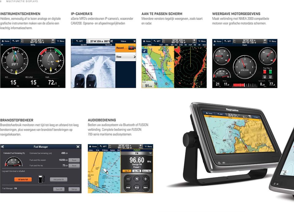 WEERGAVE MOTORGEGEVENS Maak verbinding met NMEA 2000 compatibele motoren voor grafische motordata schermen.