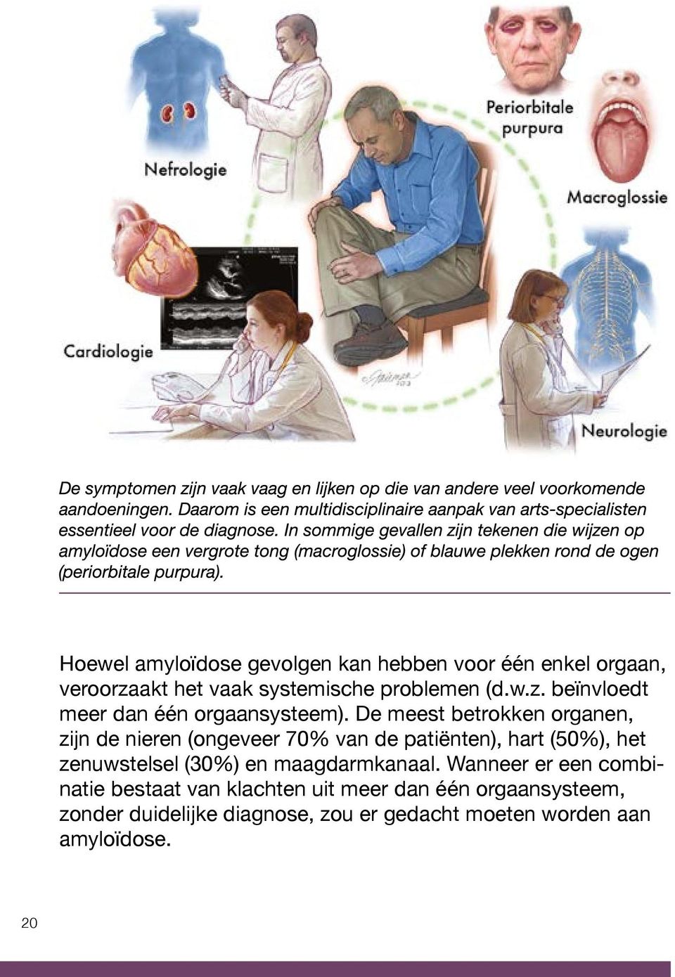 De meest betrokken organen, zijn de nieren (ongeveer 70% van de patiënten), hart (50%), het zenuwstelsel