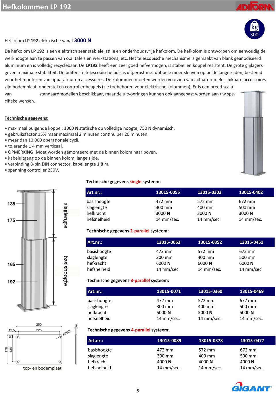 Het telescopische mechanisme is gemaakt van blank geanodiseerd aluminium en is volledig recyclebaar. De LP192 heeft een zeer goed hefvermogen, is stabiel en koppel resistent.