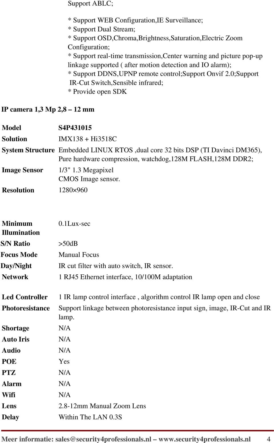 0;Support IR-Cut Switch,Sensible infrared; * Provide open SDK Model S4P431015 Solution IMX138 + Hi3518C System Structure Embedded LINUX RTOS,dual core 32 bits DSP (TI Davinci DM365), Pure hardware