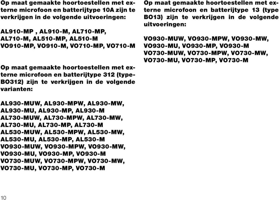 microfoon en batterijtype 13 (type BO13) zijn te verkrijgen in de volgende uitvoeringen: VO930-MUW, VO930-MPW, VO930-MW, VO930-MU, VO930-MP, VO930-M VO730-MUW, VO730-MPW, VO730-MW, VO730-MU,