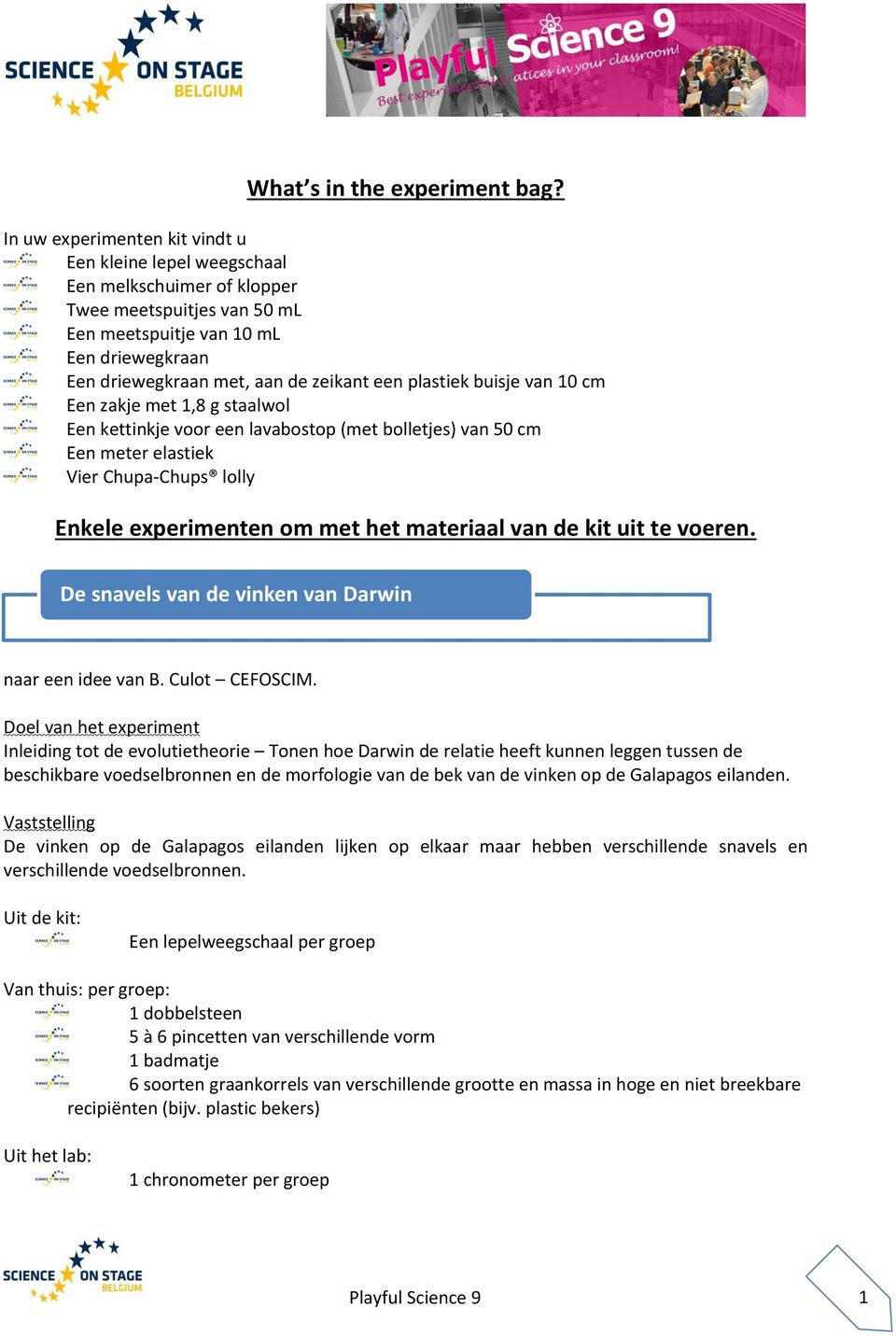 plastiek buisje van 10 cm Een zakje met 1,8 g staalwol Een kettinkje voor een lavabostop (met bolletjes) van 50 cm Een meter elastiek Vier Chupa-Chups lolly Enkele experimenten om met het materiaal