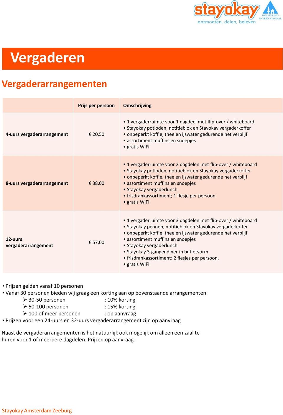 whiteboard Stayokay potloden, notitieblok en Stayokay vergaderkoffer onbeperkt koffie, thee en ijswater gedurende het verblijf assortiment muffins en snoepjes Stayokay vergaderlunch