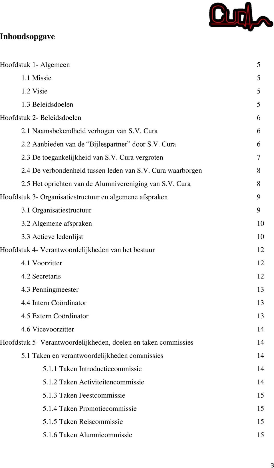 1 Organisatiestructuur 9 3.2 Algemene afspraken 10 3.3 Actieve ledenlijst 10 Hoofdstuk 4- Verantwoordelijkheden van het bestuur 12 4.1 Voorzitter 12 4.2 Secretaris 12 4.3 Penningmeester 13 4.