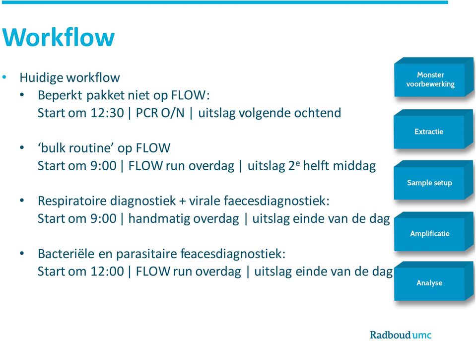 diagnostiek + virale faecesdiagnostiek: Start om 9:00 handmatig overdag uitslag einde van de dag