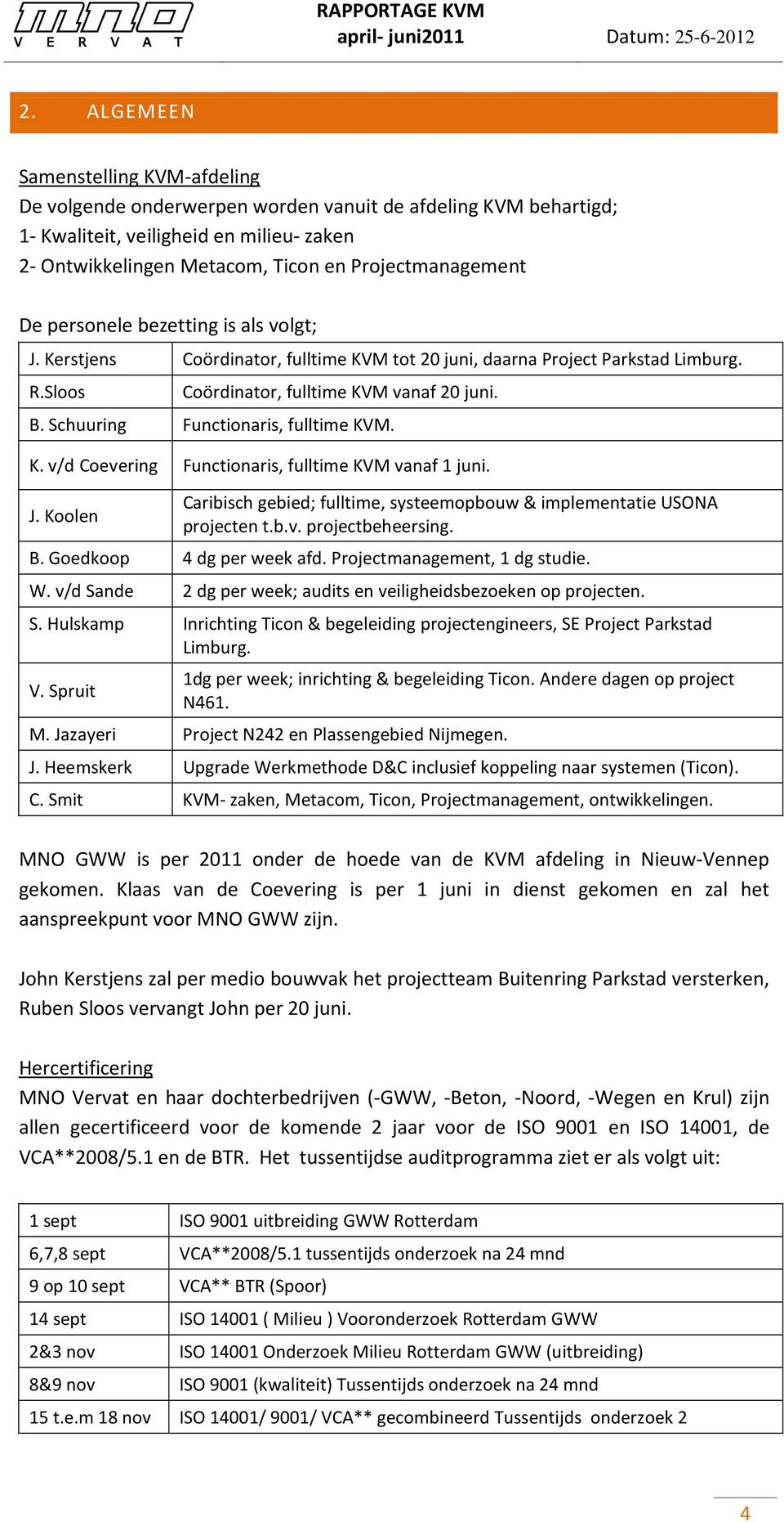 personele bezetting is als volgt; J. Kerstjens Coördinator, fulltime KVM tot 20 juni, daarna Project Parkstad Limburg. R.Sloos Coördinator, fulltime KVM vanaf 20 juni. B.