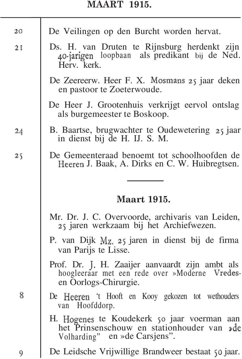 De Gemeenteraad benoemt tot schoolhoofden de J. Baak, A. Dirks en C. W. Huibregtsen. Maart 1915. 9 Mr. Dr. J. C. Overvoorde, archivaris van Leiden, jaren werkzaam bij het Archiefwezen. P.