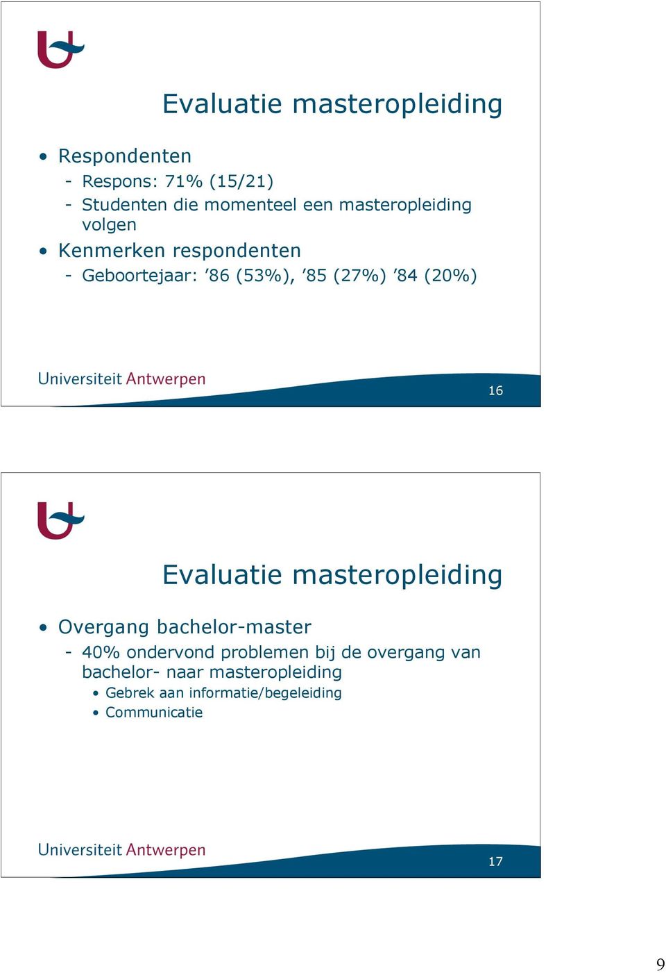 (20%) 16 Evaluatie masteropleiding Overgang bachelor-master - 40% ondervond problemen bij