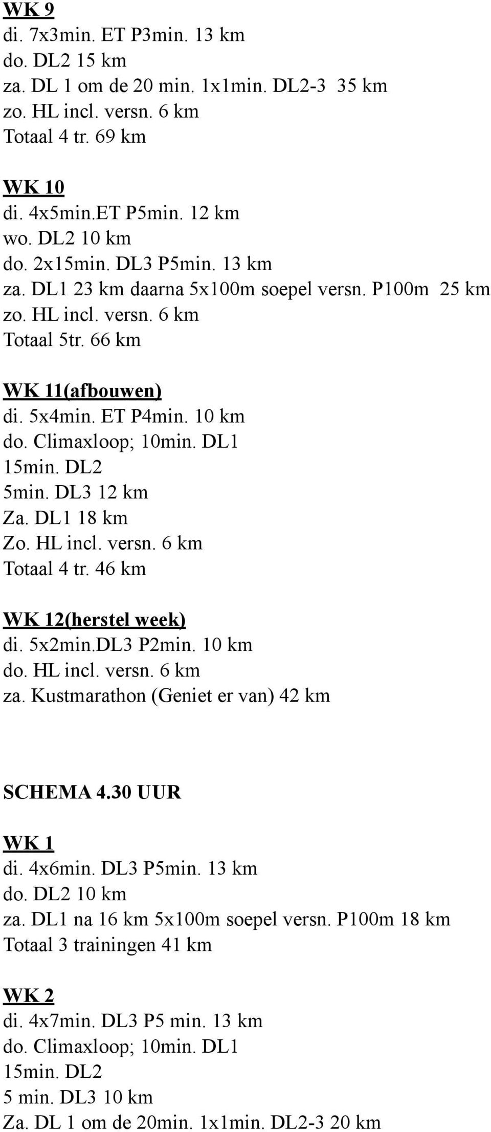 DL2 5min. DL3 12 km Za. DL1 18 km Zo. HL incl. versn. 6 km Totaal 4 tr. 46 km WK 12(herstel week) di. 5x2min.DL3 P2min. 10 km do. HL incl. versn. 6 km za. Kustmarathon (Geniet er van) 42 km! SCHEMA 4.