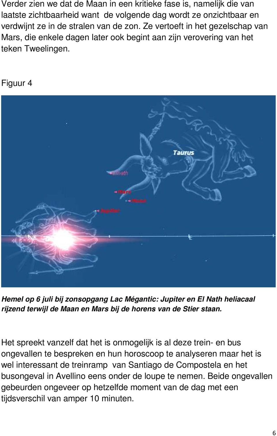 Figuur 4 Hemel op 6 juli bij zonsopgang Lac Mégantic: Jupiter en El Nath heliacaal rijzend terwijl de Maan en Mars bij de horens van de Stier staan.