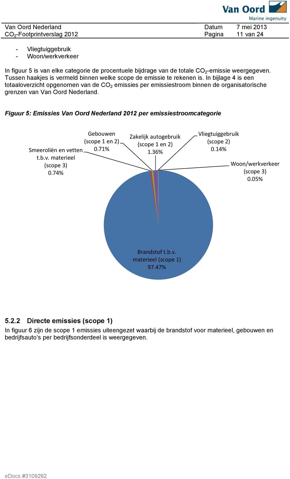 In bijlage 4 is een totaaloverzicht opgenomen van de CO 2 emissies per emissiestroom binnen de organisatorische grenzen van Van Oord Nederland.