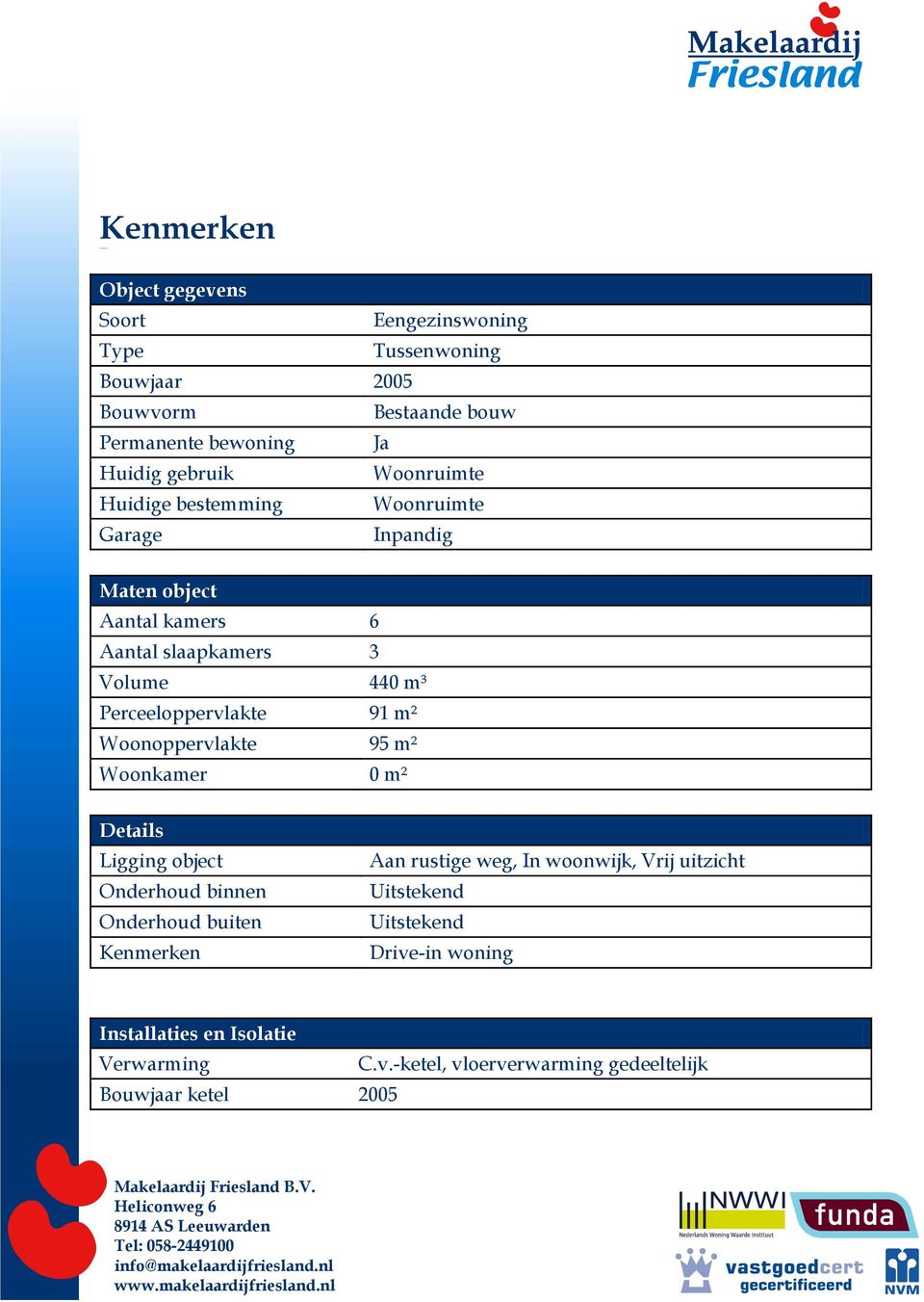 Perceeloppervlakte 91 m² Woonoppervlakte 95 m² Woonkamer 0 m² Details Ligging object Onderhoud binnen Onderhoud buiten Kenmerken Aan rustige