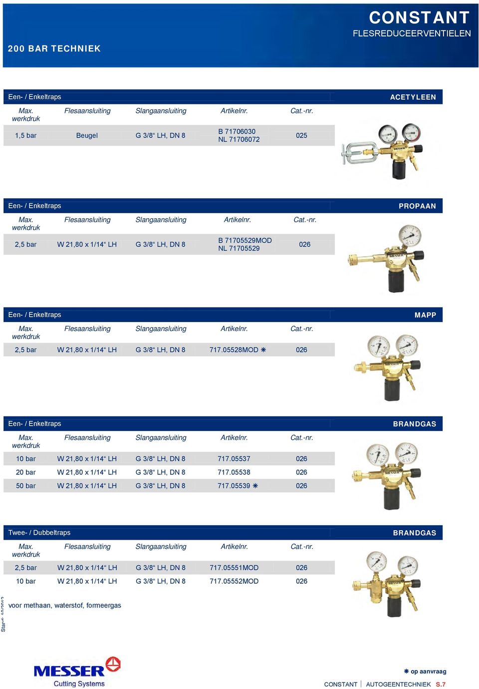 2,5 bar W 21,80 x 1/14 LH G 3/8 LH, DN 8 B 71705529MOD NL 71705529 026 PROPAAN Een- / Enkeltraps Max. werkdruk Flesaansluiting Slangaansluiting Cat.-nr. 2,5 bar W 21,80 x 1/14 LH G 3/8 LH, DN 8 717.
