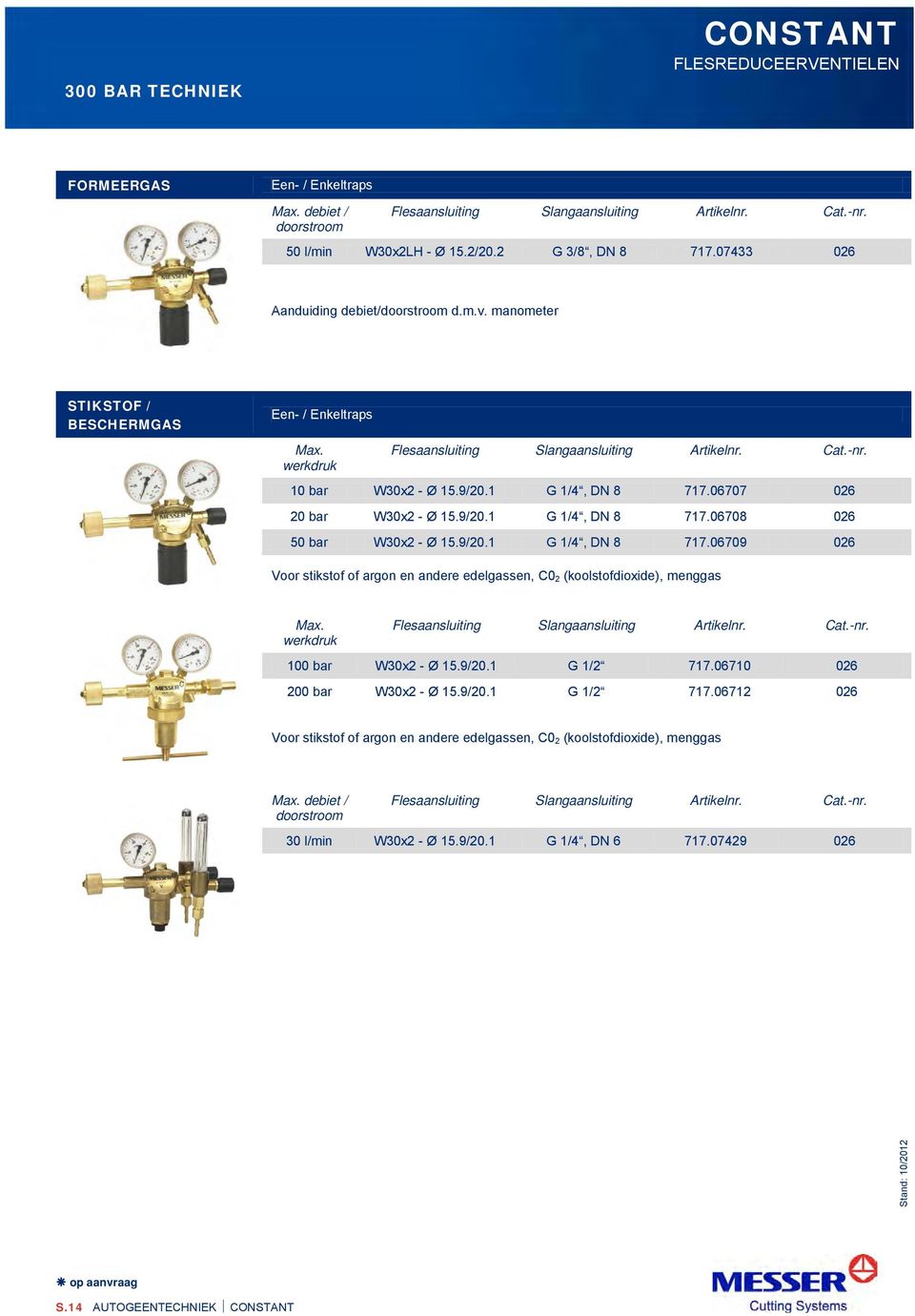 06707 026 20 bar W30x2 - Ø 15.9/20.1 G 1/4, DN 8 717.06708 026 50 bar W30x2 - Ø 15.9/20.1 G 1/4, DN 8 717.06709 026 Voor stikstof of argon en andere edelgassen, C0 2 (koolstofdioxide), menggas Max.