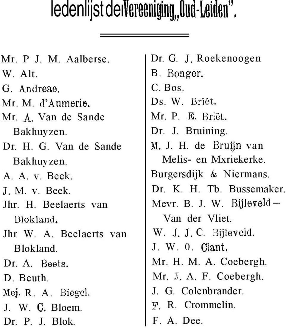 Roekenoogen B. Banger. C. Bos. Ds. W. BriGt. Mr. P. E. Briët. Dr. J. Bruining. N. J. H. de Bruijn van Melis- en Mxriekerke. Burgersdijk & Niermans. Dr. K. H. Tb. Bussemaker.