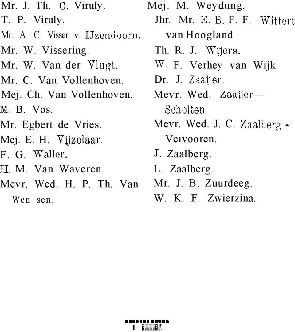 Van Wen sen. Mej. M. Weydung. Jhr. Mr. E. B. F. F. Wittwt van Hoogland Th. R. J. Wijers. W. F. Verhey van Wijk Dr. J. Zaaiier. Mevr.